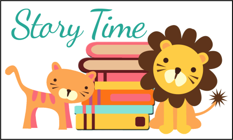 Cartoon lion and tiger with a stack of books and the words Story Time