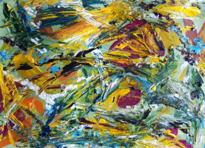An abstract and colorful painting by artist Buddy Cushman.