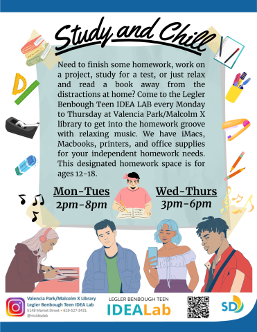 Flyer describing weekly Study and Chill program.