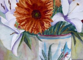Close up of a painting of flowers in a vase by an artist in the Point Loma Artists Association.