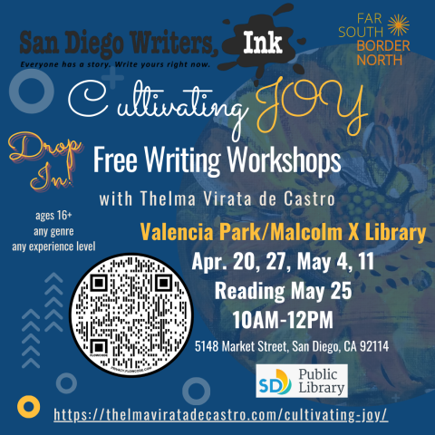 Dark background with "Cultivating JOY free Writing Workshops" text and workshop dates