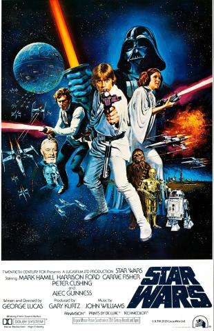 Star Wars Movie Poster shwoing all the main characters and the Death Star in the background