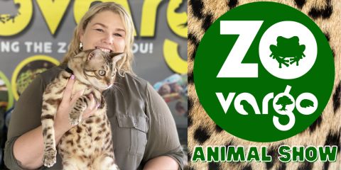 Green Zovargo logo; spotted wild cat being held by zoo keeper