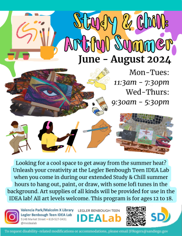 Study and Chill art program extension for the summer. Unleash your creativity at the Legler Benbough Teen IDEA Lab when you come in during our extended Study & Chill summer hours to hang out, paint, or draw, with some lofi tunes in the background.