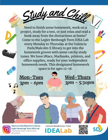Study and Chill every Monday to Tuesday from 3pm to 6pm. and every Wednesday to Thursday from 3pm to 5:30pm. Get away from the distractions at home to do some homework, read a book, or relax away from it all.