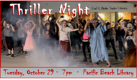 A group of zombies dancing in front of the Pacific Beach Library