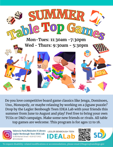 Summer Table Top games every Monday and Tuesday from 11:30am to 7:30pm and Wednesday to Thursday from 9:30am to 5:30pm. Come on by with your friends or make some new rivals. Feel free to bring your own TTG or TCGs.
