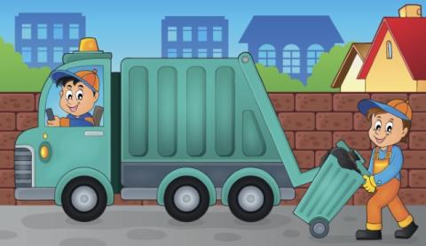 Illustration of a garbge truck with two smiling workers