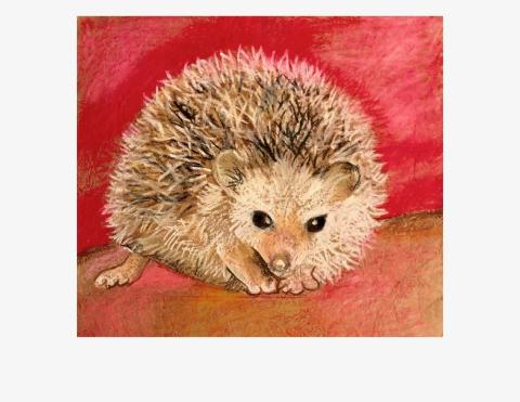 Painting of a hedgehog with red and orange background