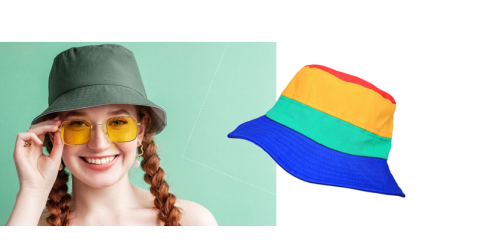 Image of a young woman wearing a solid green bucket hat, with an image of a striped bucket hat.  