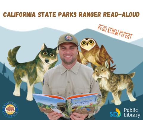 Park ranger in khaki shirt and ballcap, reading a book with a wolf, an owl, and a bobcat looking over his shoulder