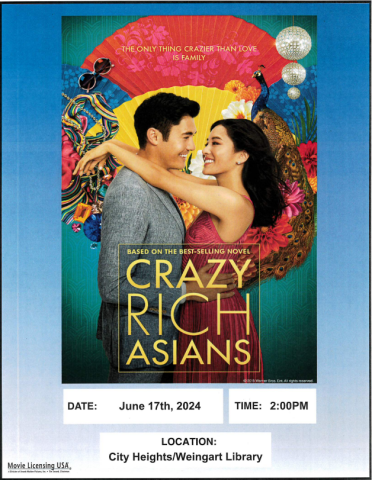 Monday Movie Program on 6/17/24 @2PM. Screening "Crazy Rich Asians".