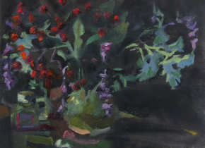 A dark still-life painting of a vase and flowers by artist Julie Bradbury-Bennett.