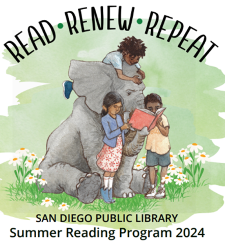 Read - Renew - Repeat Summer Reading Program Logo with a large grey elephant and three children reading together