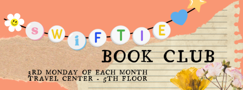 "Swiftie" written on friendship bracelet beads over a typewriter stylized font that reads "Book Club".