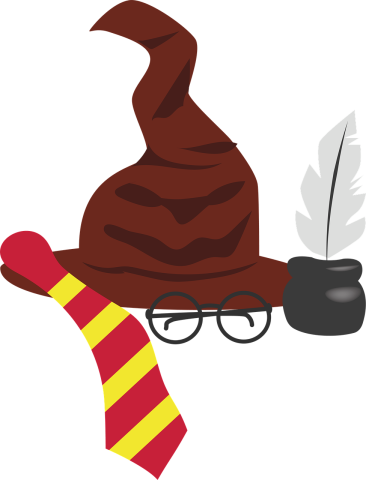 Brown hat, glasses, feather quill, and a red and yellow striped scarf