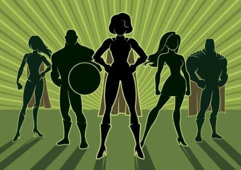 silhouettes of five superheros on a green background
