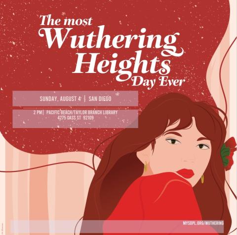 Image of a woman wearing a red dress, with the words "Most Wuthering Heights Day Ever"