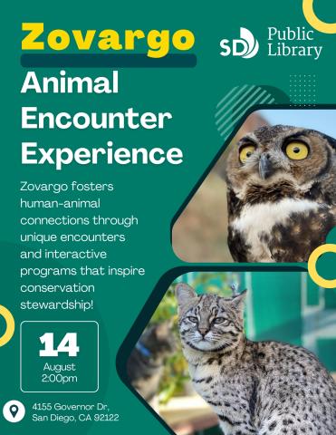 Promotional poster for Zovargo Animal Encounter Experience poster features an owl and a Geoffroy’s cat 