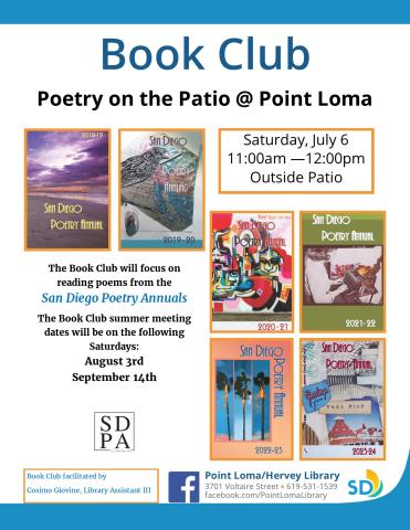 Book Club: Poetry on the Patio @ Point Loma, Saturday, July 6, 2024, 11AM-12PM, The book club will focus on reading selected poems from various years of the San Diego Poetry Annual, future summer book club meeting dates are August 3 & September 14