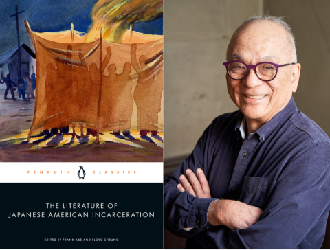 Photo collage of author Frank Abe and book cover