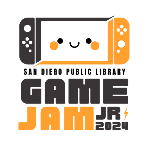 A black and orange Nintendo Switch video game controller with a cute smiley face on the screen and text underneath stating "San Diego Public Library Game Jam Jr. 2024"