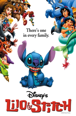 Lilo and Stich movie poster showing blue Stitch character and other animated characters