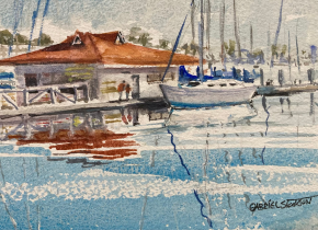 Watercolor painting of a boat by a dock by artist Gabriel Stockton.