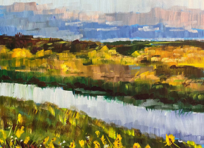 Painting of a river in a field of yellow flowers by artist Laura Green.