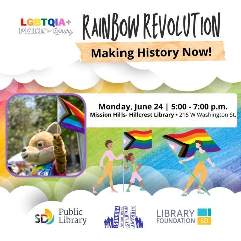 Informational poster for the Rainbow Revolution 2024 featuring illustrations of people waving the Progress Pride Flag and a photo of library mascot Odi the Coyote waving the Progress Pride Flag.