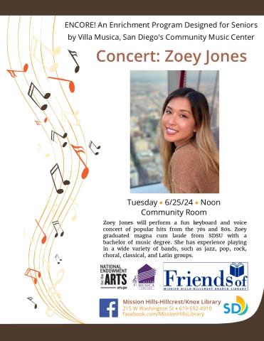 Flyer with concert details and photo of Zoey Jones