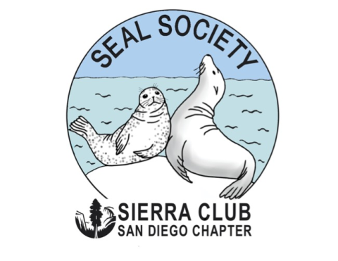 seal society logo with two white illustrated seals on the shore