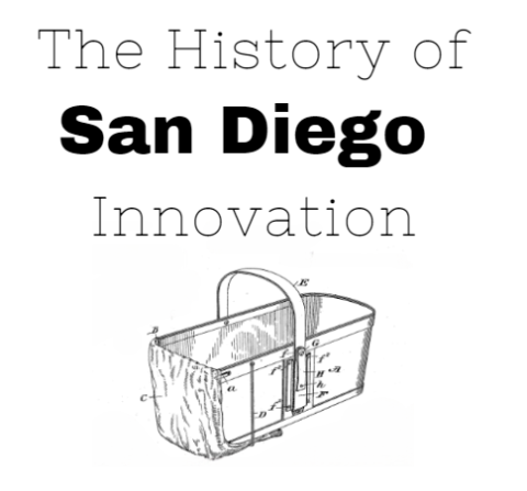 The History of San Diego Innovation appears in black font on a white title. Below there is an image of a fruit basket, which was invented by a San Diego resident named T. Cogswell. 