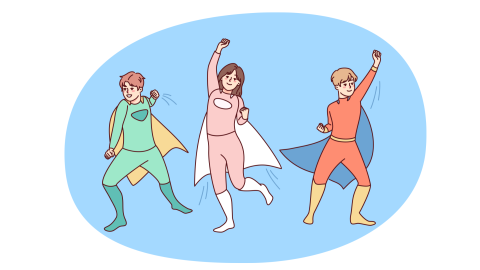 three adults in super hero outfits, illustrated 