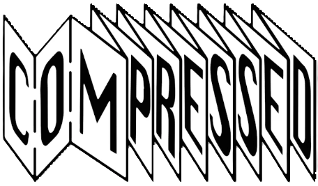 Drawing of a zig-zag zine, on white paper with black letters, each page displaying one letter of the event title: COMPRESSED.