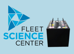 Fleet Science center logo with a picture of a science exhibit.