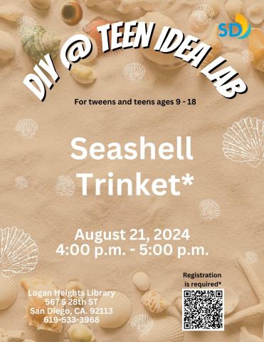 Seashells, sand, qr code, title of craft, library location, time and date