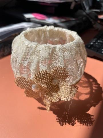 glass bowl/jar decorated with lace and burlap