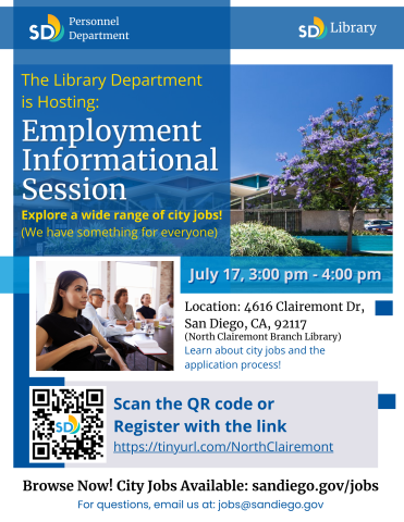 Informational flyer featuring blue, white, and yellow lettering and images of the North Clairemont Library exterior and people attending a seminar.