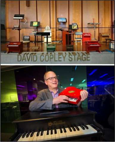 Two photos, one of toy pianos on a stage and one of Scott Paulson holding a toy piano