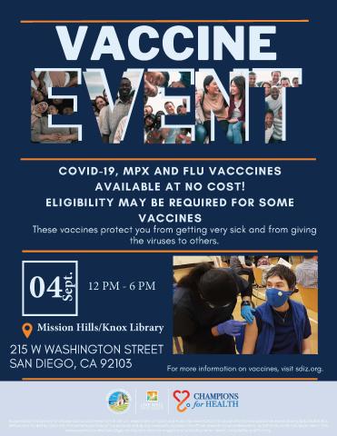 Flyer with event details and photo of person being vaccinated