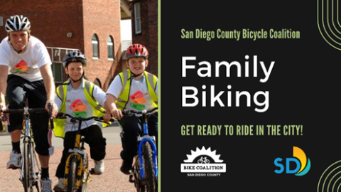 Image of a Parent and two children on bicycles with helmets and safety reflectors on the front of their shirts.