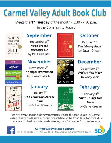 Join the Carmel Valley Adult Book Club. We've love to have you join us. 