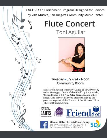 Even flyer with photo of Toni Aguilar playing flute