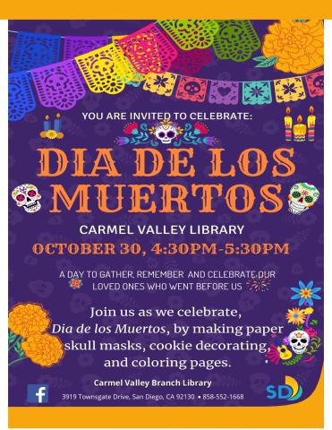 Join us as we honor "Dia de los Muertos." We will celebrate this day with fun crafts, cookie decorating and coloring pages.