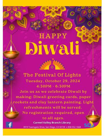 Join us as we celebrate "Diwali" the festival of Lights. We will have arts and crafts. 