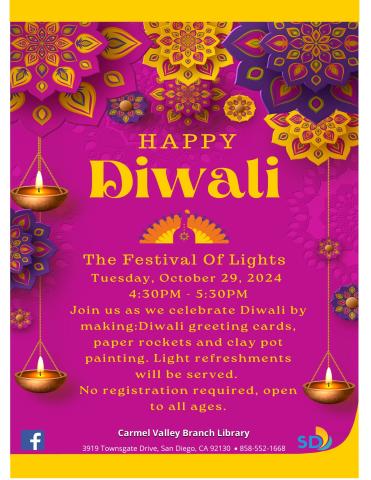 Join us as we celebrate "Diwali" the festival of Lights. We will have arts and crafts. 