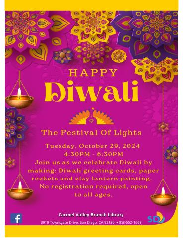 Join us as we celebrate "Diwali" the festival of Lights. We will have arts and crafts. 