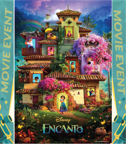 Encanto movie poster showing a fantastical multistory home with flowers growing over it