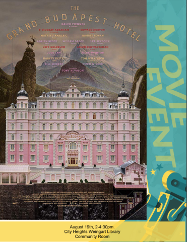 The Grand Budapest Hotel event flyer. August 19th, 2-4:30pm. 